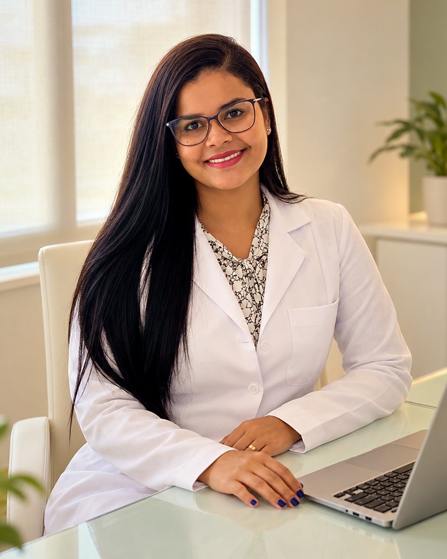 Gabriela Pontes, psicóloga, sorrindo em seu consultório